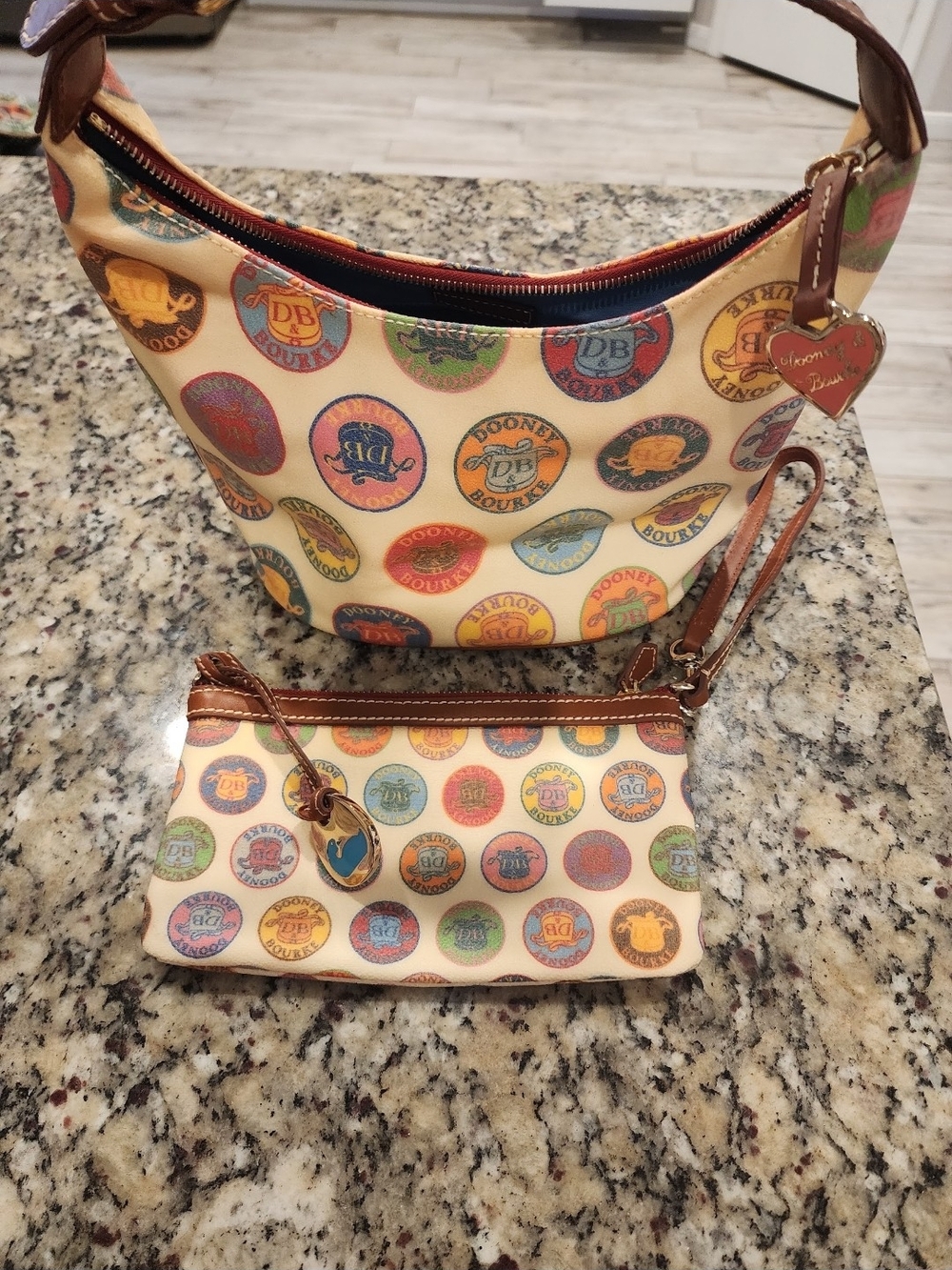 Dooney & Bourke Cream Multi-Color Logo Hobo Shoulder Bag with Wristlet